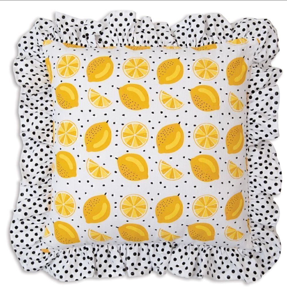 NEW! HOT ITEM! Farmhouse Lemon and Polka Dot Ruffled Throw Pillow Country Citrus